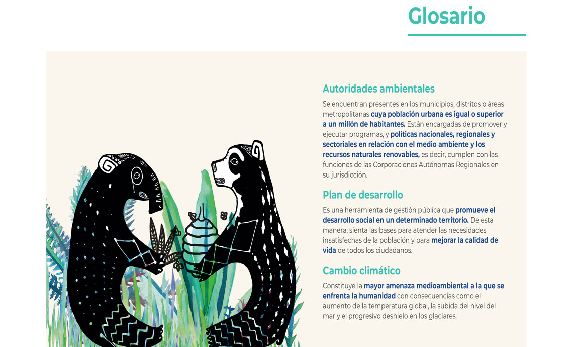 Página con glosario de los términos 'autoridades ambientales', 'plan de desarrollo' y 'cambio climático'.