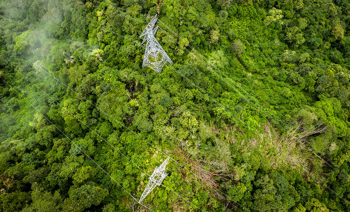 vista aérea de una torre de energía en medio de los árboles en la montaña.